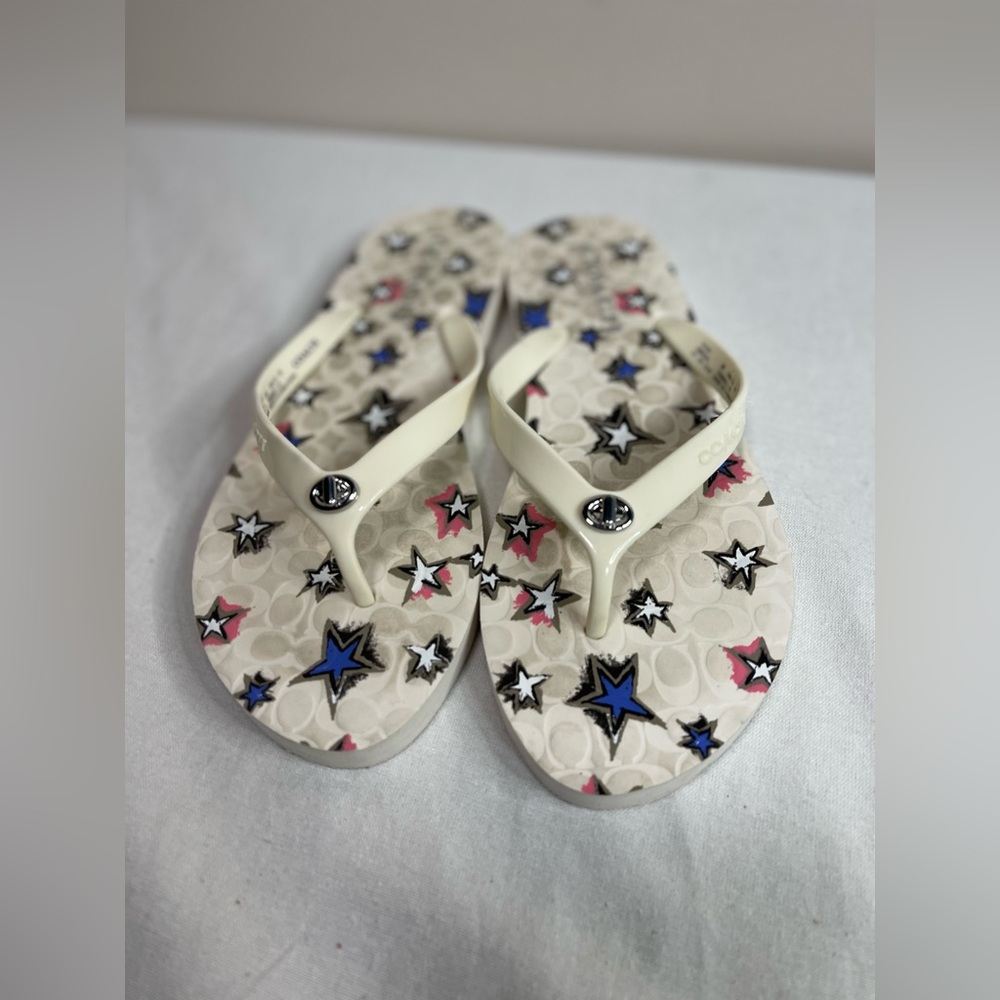 Coach Abbigail 8B Flip Flops Red White Blue Stars Americana Rubber Chalk Summer